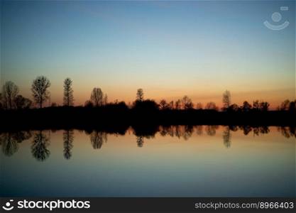 silhouette and reflection of trees by the lake at sunset