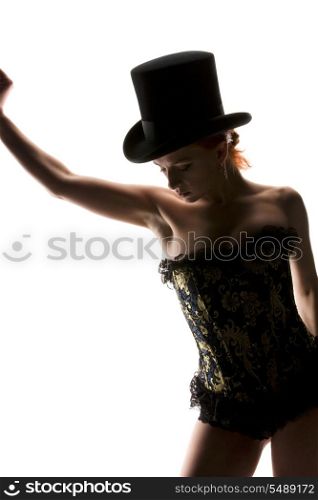 silhouette backlight picture of sexy woman in corset