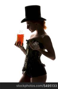 silhouette backlight picture of sexy woman with bottle