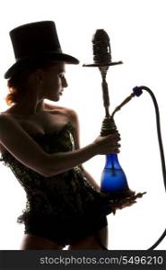 silhouette backlight picture of sexy woman with hookah
