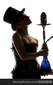 silhouette backlight picture of sexy woman with hookah