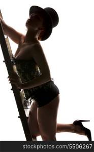 silhouette backlight picture of sexy woman with ladder