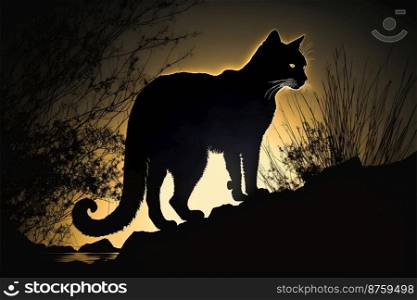 silhouette black cat walking in the mountains