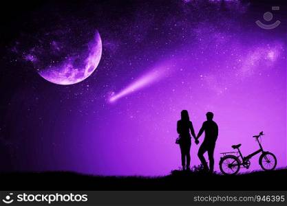Silhouette couple man and woman holding hand moon night watching a meteor with a purple proton mixed media bike