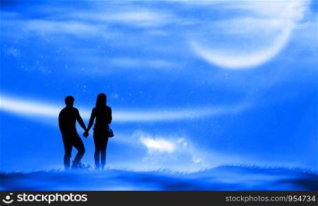 Silhouette couple man and woman holding hand together under moon shine and stars background