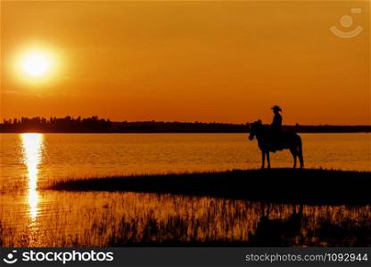 silhouette cowboy on horseback during nice sunset landscape background. silhouette cowboy on horseback