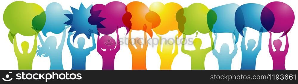 Silhouette crowd people talk holding speech bubble. Talking and inform. Communicate between a group of multiethnic and multicultural people who talk and share ideas. Social network