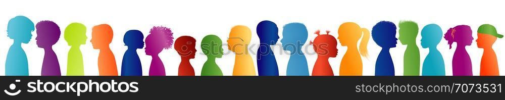 Silhouette group of colored profile children. Communication between multi-ethnic children. Children talking