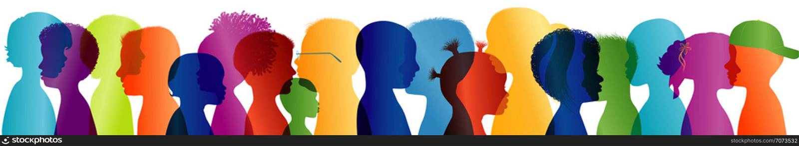 Silhouette group of colored profile children. Multiple exposure. Communication between multi-ethnic children. Children talking