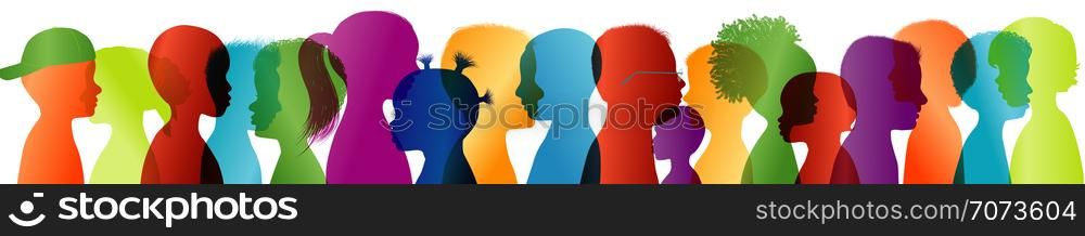 Silhouette group of modern children in colored profile. Communication between multi-ethnic children. Children talking