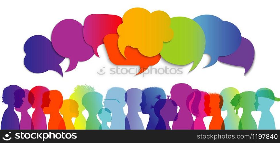 Silhouette group of modern children in rainbow colored profile. Communication between multi-ethnic children. Children talking. Multicultural kindergarten. Globalization. Speech bubble