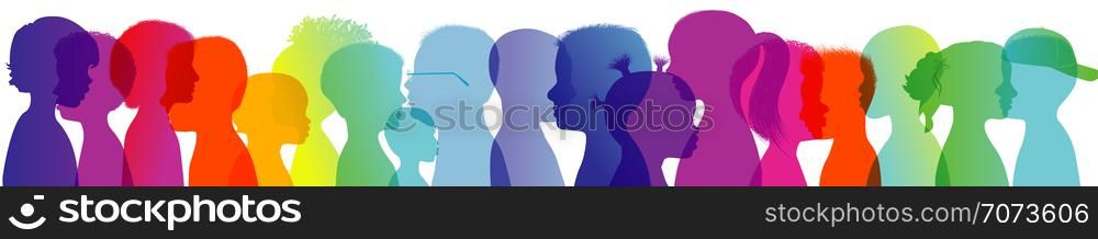 Silhouette group of modern children in rainbow colored profile. Communication between multi-ethnic children. Children talking. Multiple exposure