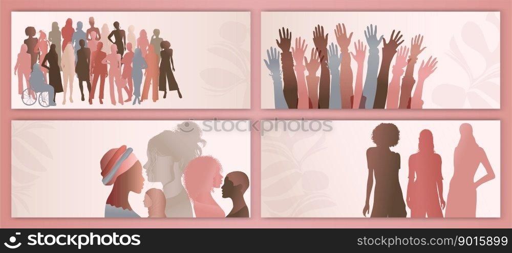 Silhouette group of multicultural women. Template banner poster. International Women’s day. Colleagues. Female social community of diverse culture.  Racial equality.Empowerment or inclusive