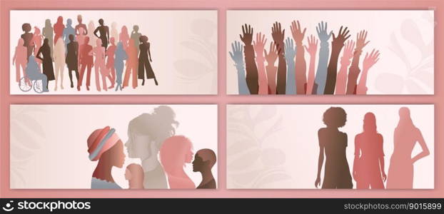 Silhouette group of multicultural women. Template banner poster. International Women’s day. Colleagues. Female social community of diverse culture.  Racial equality.Empowerment or inclusive