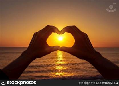 Silhouette Hands in shape of love heart at sunset. Generative AI