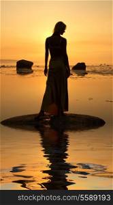 silhouette image of beautiful lady at the seashore