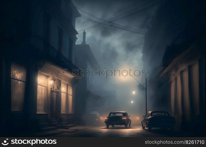 Silhouette in misty alley at night city street, mystery and horror foggy cityscape atmosphere. Neural network AI generated art. Silhouette in misty alley at night city street, mystery and horror foggy cityscape atmosphere. Neural network generated art