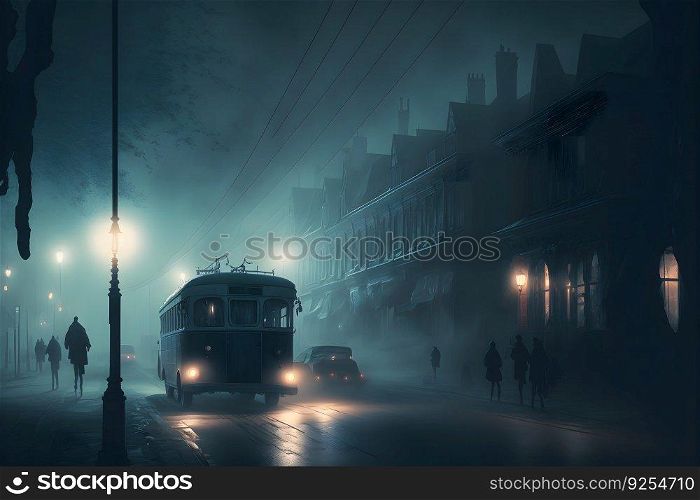 Silhouette in misty alley at night city street, mystery and horror foggy cityscape atmosphere. Neural network AI generated art. Silhouette in misty alley at night city street, mystery and horror foggy cityscape atmosphere. Neural network generated art