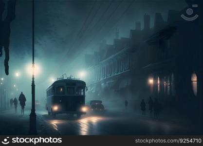Silhouette in misty alley at night city street, mystery and horror foggy cityscape atmosphere. Neural network AI generated art. Silhouette in misty alley at night city street, mystery and horror foggy cityscape atmosphere. Neural network generated art