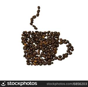 Silhouette of a cup of coffee on a white background made of coffee beans