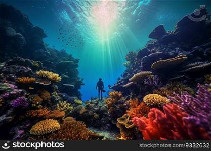 Silhouette of a Diver Under the Sea Underwater Ocean View with Beautiful Colorful Coral Reef