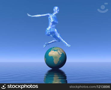 Silhouette of a female jumping upon earth in blue background. Female jumping upon earth - 3D render