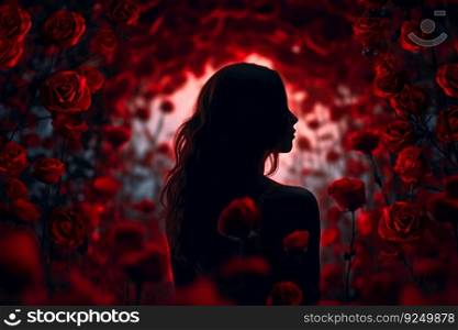 silhouette of a girl in red roses background for love card generative ai.