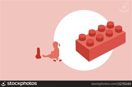 Silhouette of a girl playing with a plastic block