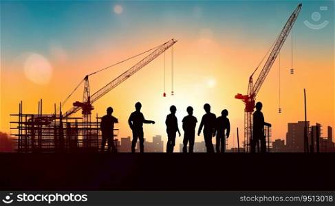 Silhouette of a group of builders on the background of a construction site