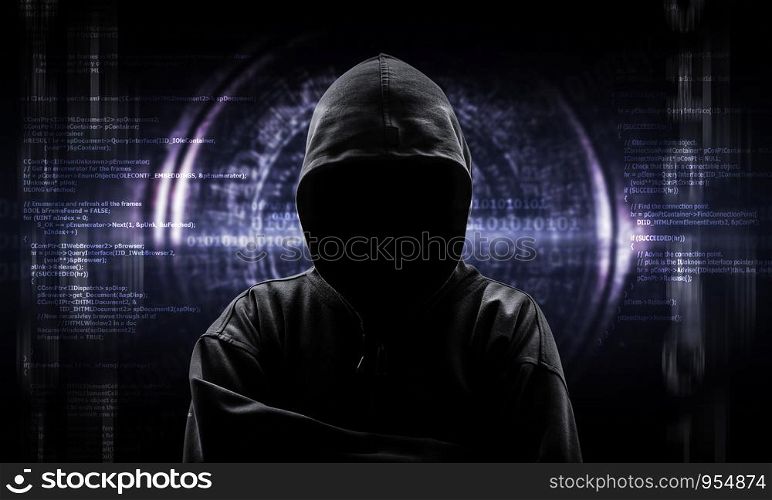 Silhouette of a hacker isloated on black with binary codes on background