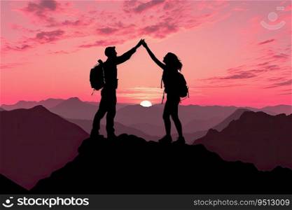 Silhouette of a man and woman on the top of the mountain at sunset.