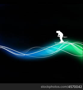 Silhouette of a man on a dark background on the multi-colored lines. Abstraction.