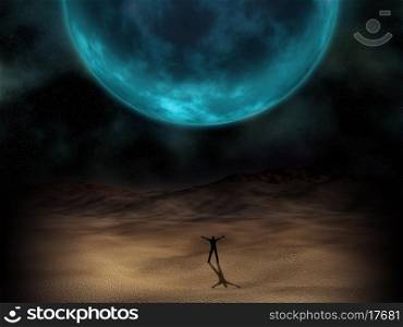 Silhouette of a man stood beneath a surreal planet