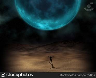 Silhouette of a man stood beneath a surreal planet