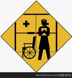Silhouette of a nurse and a wheelchair in front of a closed door