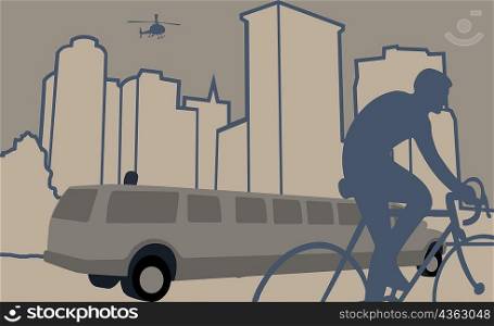 Silhouette of a person riding a bicycle near a limousine