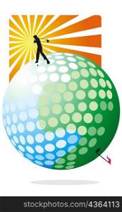 Silhouette of a person standing on a golf ball and swinging a gold club
