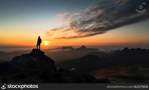 Silhouette of a person standing on the top of a hill under the beautiful colorful sky in the morning. Generative AI AIG21.