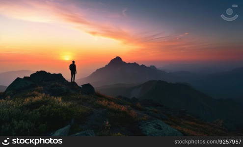 Silhouette of a person standing on the top of a hill under the beautiful colorful sky in the morning. Ge≠rative AI AIG21.