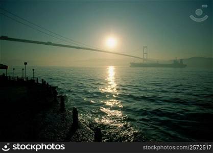 Silhouette of a suspension bridge, Bosphorus Bridge, Bosphorus, Istanbul, Turkey