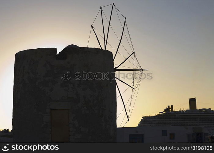 Silhouette of a traditional windmill, Mykonos, Cyclades Islands, Greece