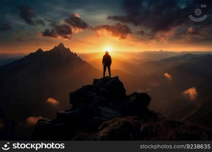 Silhouette of a triumphant individual standing a mountain peak , Leadership Concept , Generate Ai