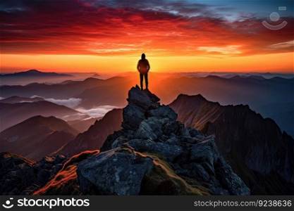 Silhouette of a triumphant individual standing a mountain peak , Leadership Concept , Generate Ai