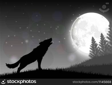 Silhouette of a wolf standing on a hill at night with moon