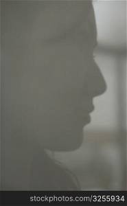 Silhouette of a woman&acute;s face behind a door