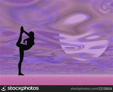 Silhouette of a woman practicing yoga in front of the moon in violet cloudy background