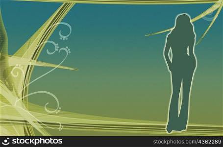 Silhouette of a woman standing with her hands in her pockets