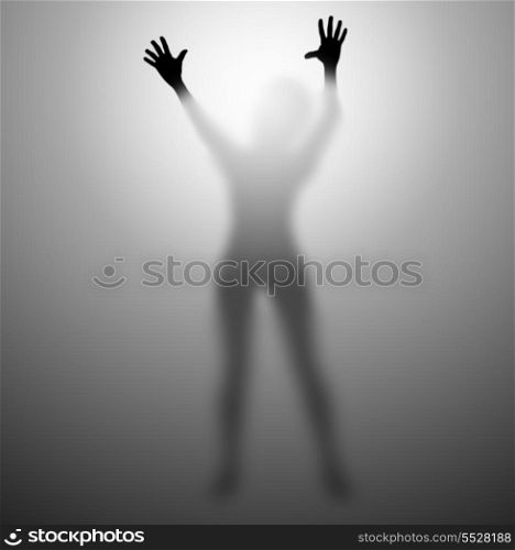 Silhouette of a woman trying to escape from behind a glass screen
