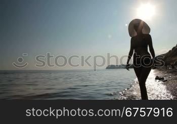 silhouette of a woman walking along the beach