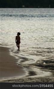 Silhouette of a young boy (6-8) standing on a beach, Moorea, Tahiti, French Polynesia, South Pacific